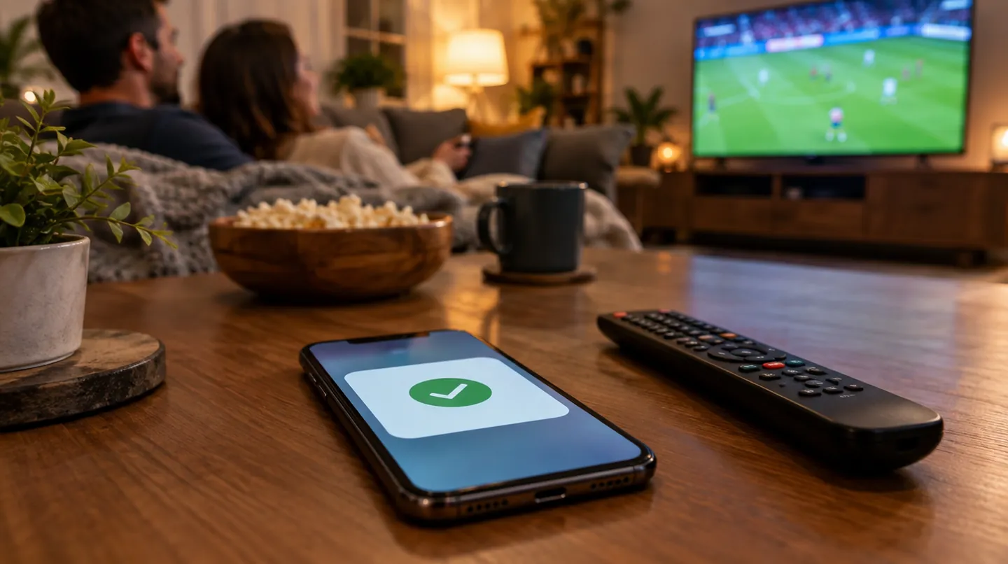Abonnement Orca IPTV : un smartphone posé sur la table basse affiche une confirmation, pendant qu'un couple regarde un match à la télévision