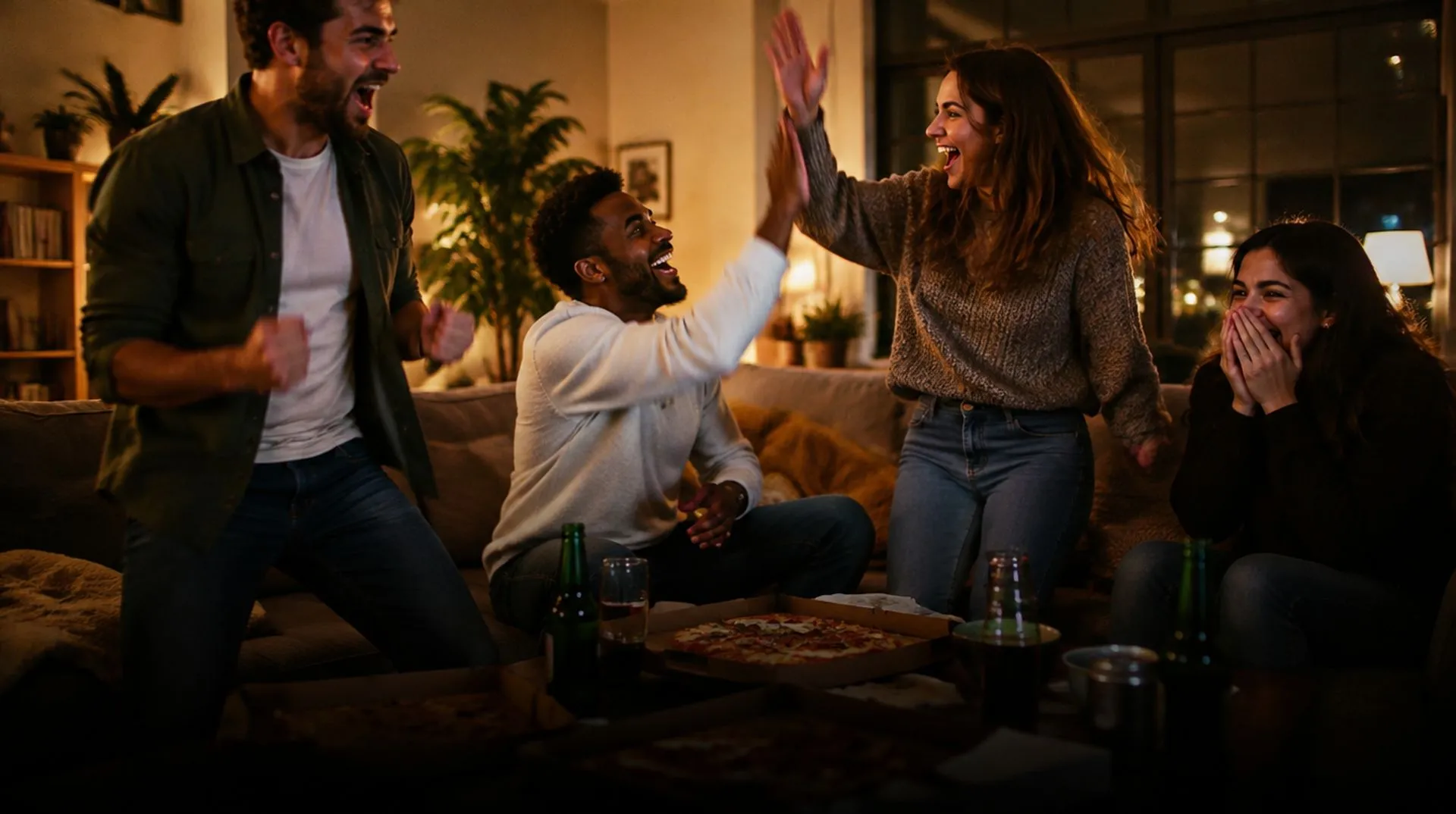 Des amis dans un salon qui se tapent dans la main devant un match de football