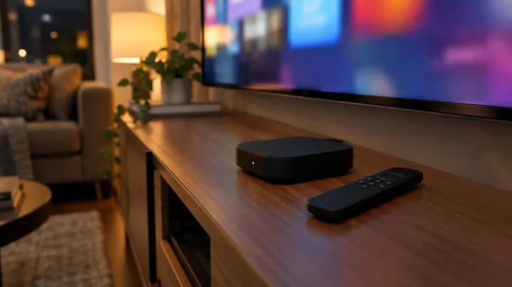Orca IPTV box Android : une box Android et sa télécommande posées sur le meuble télé, sous un grand téléviseur allumé
