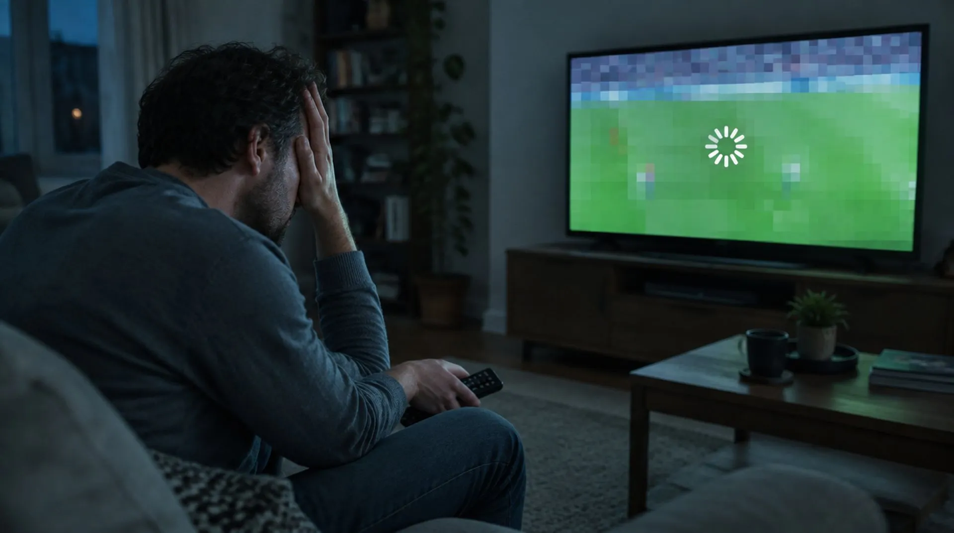 Un homme la main sur le front devant une télévision figée sur un écran de chargement pendant un match