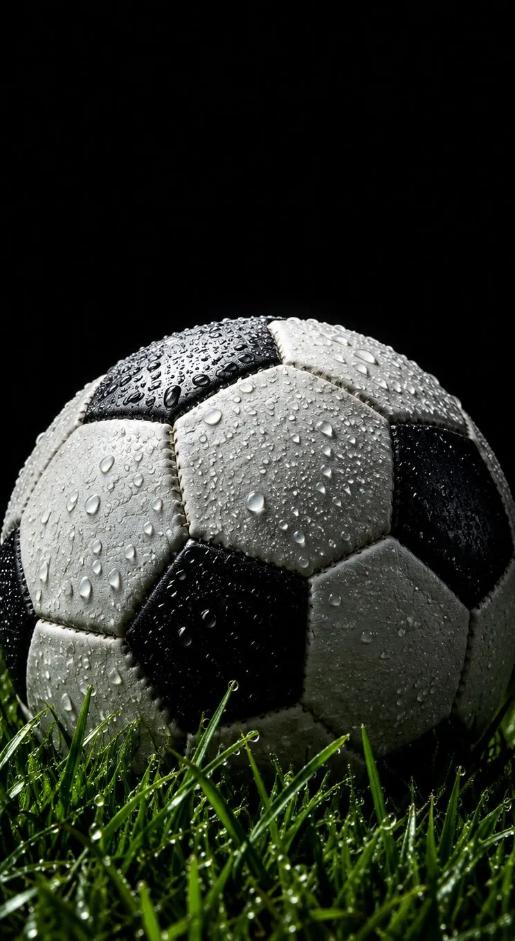 Gros plan d'un ballon de football sur la pelouse, chaque goutte d'eau nette