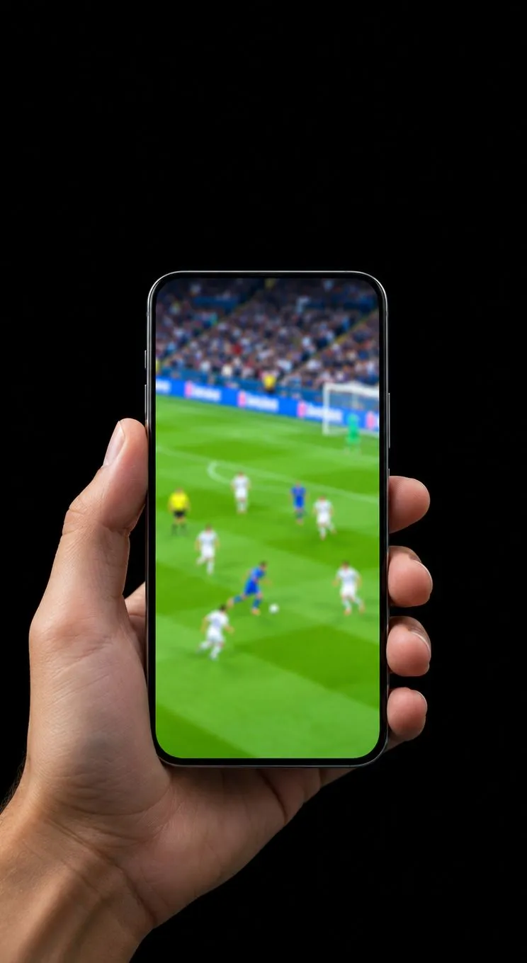 Une main qui tient un smartphone affichant un match de football en direct