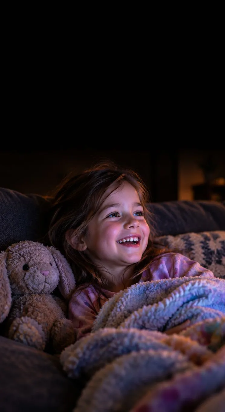 Une petite fille sous un plaid qui rit devant des dessins animés