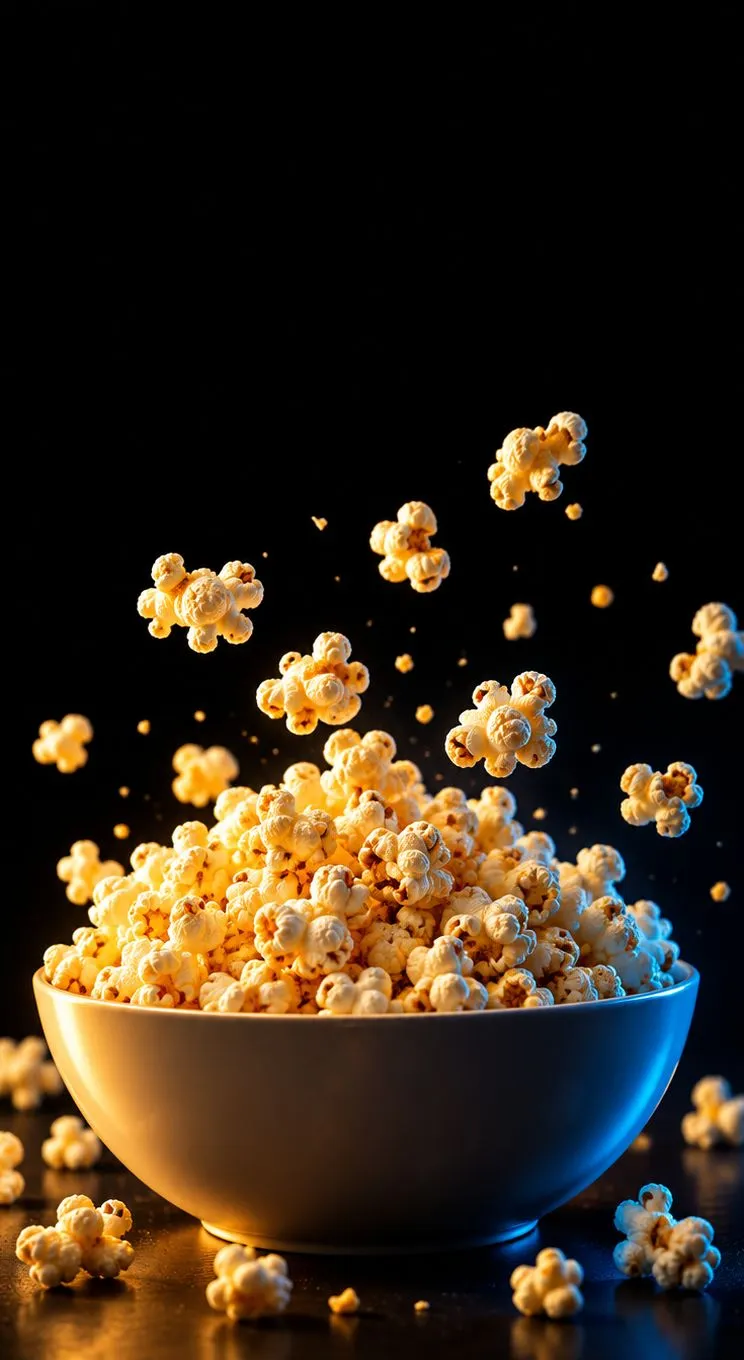 Un bol de pop-corn avec des grains qui volent, éclairé comme dans une salle de cinéma
