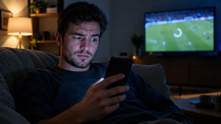 FAQ Orca IPTV : un homme sur son canapé cherche une réponse sur son téléphone pendant que le match se fige à la télévision