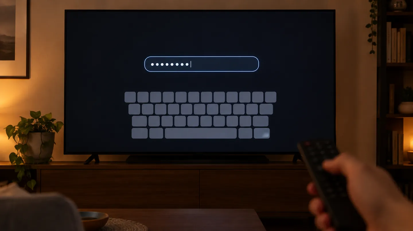 Essai Orca IPTV 24 heures : un écran de connexion sur la télévision avec un clavier à l'écran, pendant qu'une main tient la télécommande