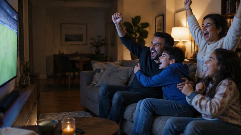 À propos d'Orca IPTV : une famille debout devant la télévision du salon, qui célèbre un but pendant un match