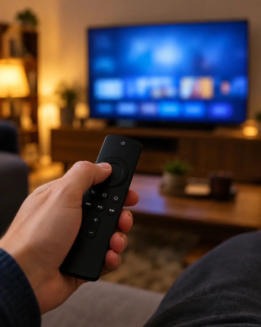 Orca IPTV Firestick : une main tient la télécommande d'un Fire TV Stick, pointée vers la télévision du salon