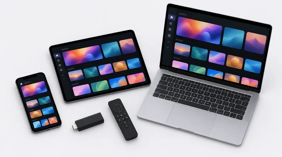 Orca Pro Max 1 écran : un smartphone, une tablette, un ordinateur portable, une clé HDMI et une télécommande avec l'application Orca