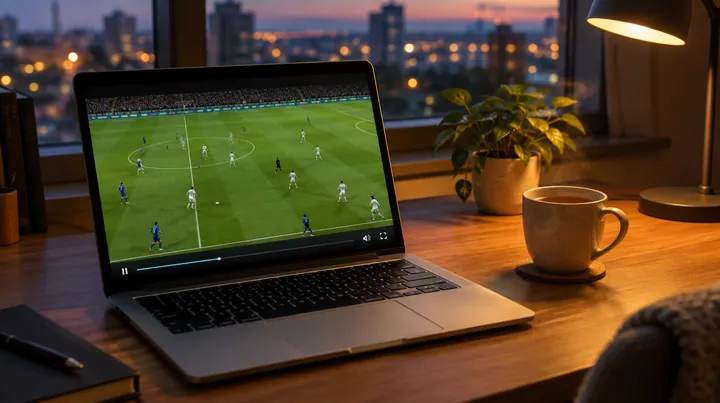 Orca IPTV PC : un ordinateur portable sur un bureau le soir, avec un match de football à l'écran et une tasse de thé
