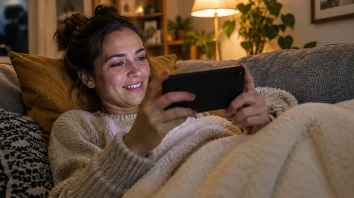 Orca IPTV iPhone : une femme allongée sur son canapé sous un plaid regarde une série sur son téléphone