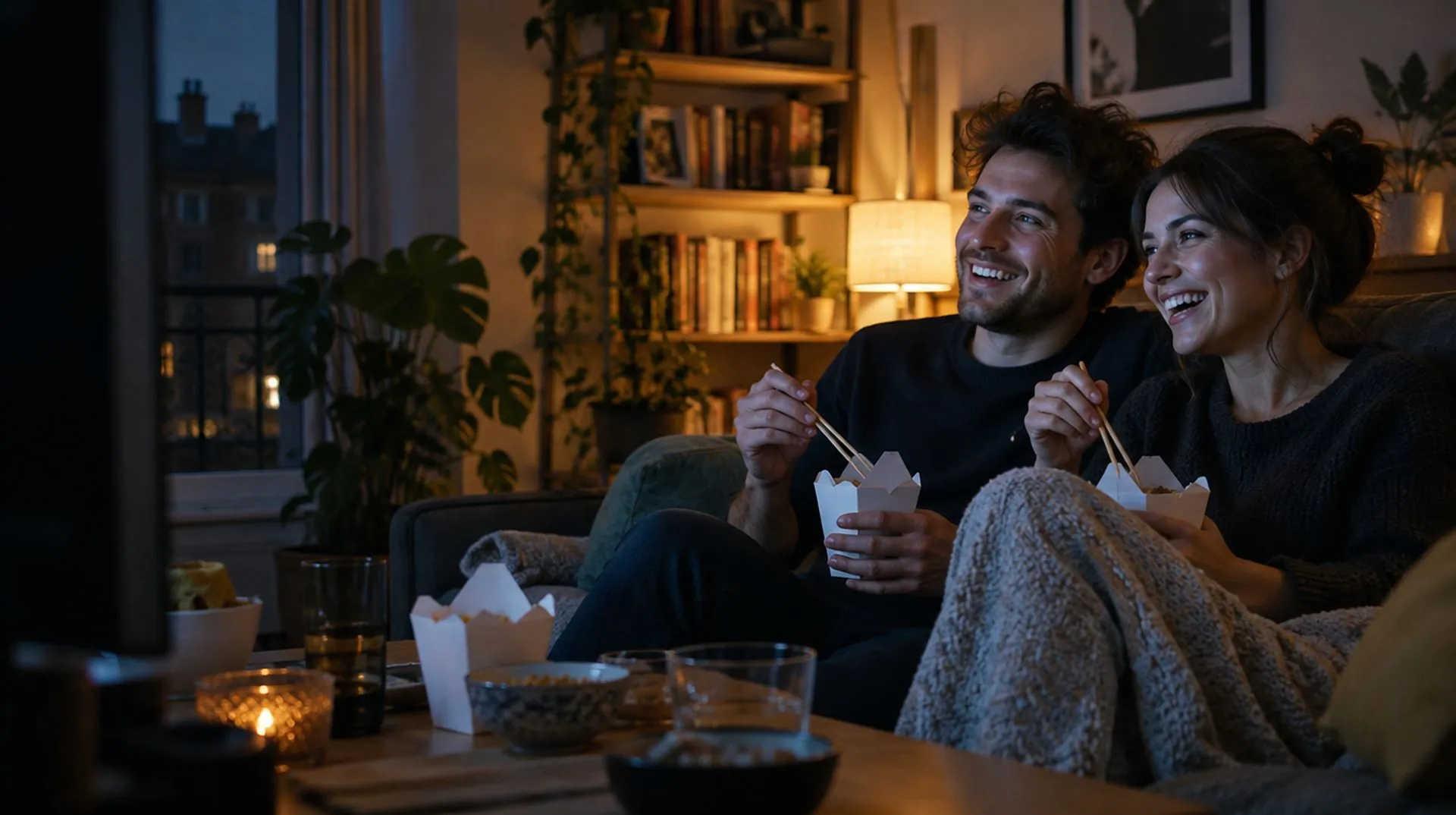 Un jeune couple qui rit sur le canapé en mangeant des plats à emporter devant une série