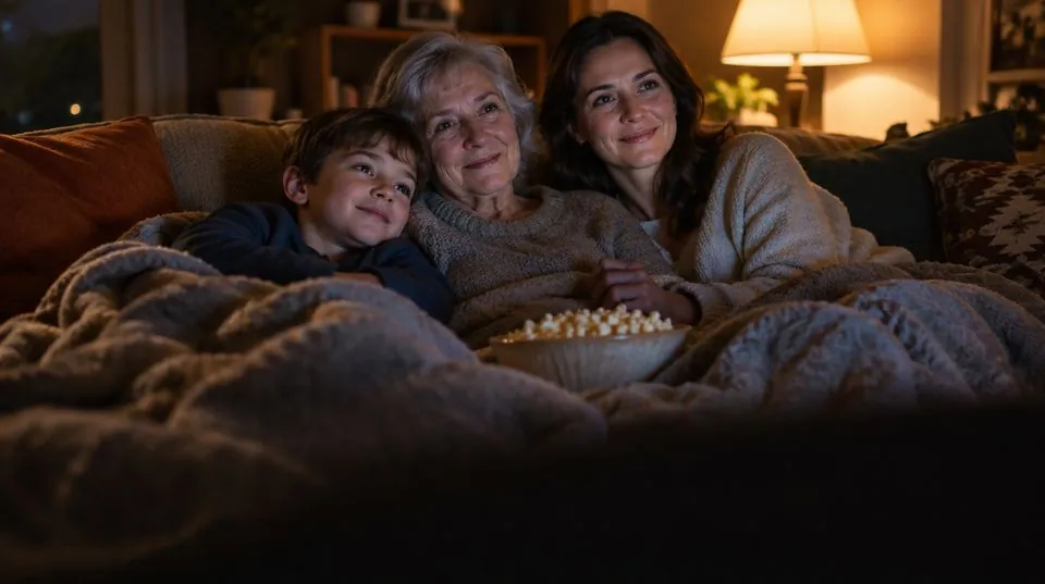 Une grand-mère, sa fille et son petit-fils sous un plaid qui regardent un film ensemble le soir