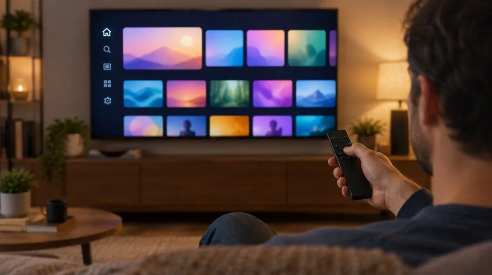 Un homme sur son canapé qui ouvre l'application Orca Pro Plus sur sa télévision avec la télécommande