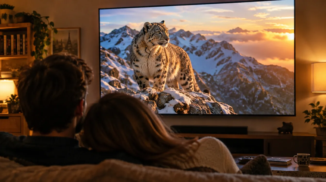 Orca Pro en Full HD ou en 4K : un couple sur le canapé regarde un documentaire en 4K : un léopard des neiges sur une crête enneigée, sur un grand téléviseur