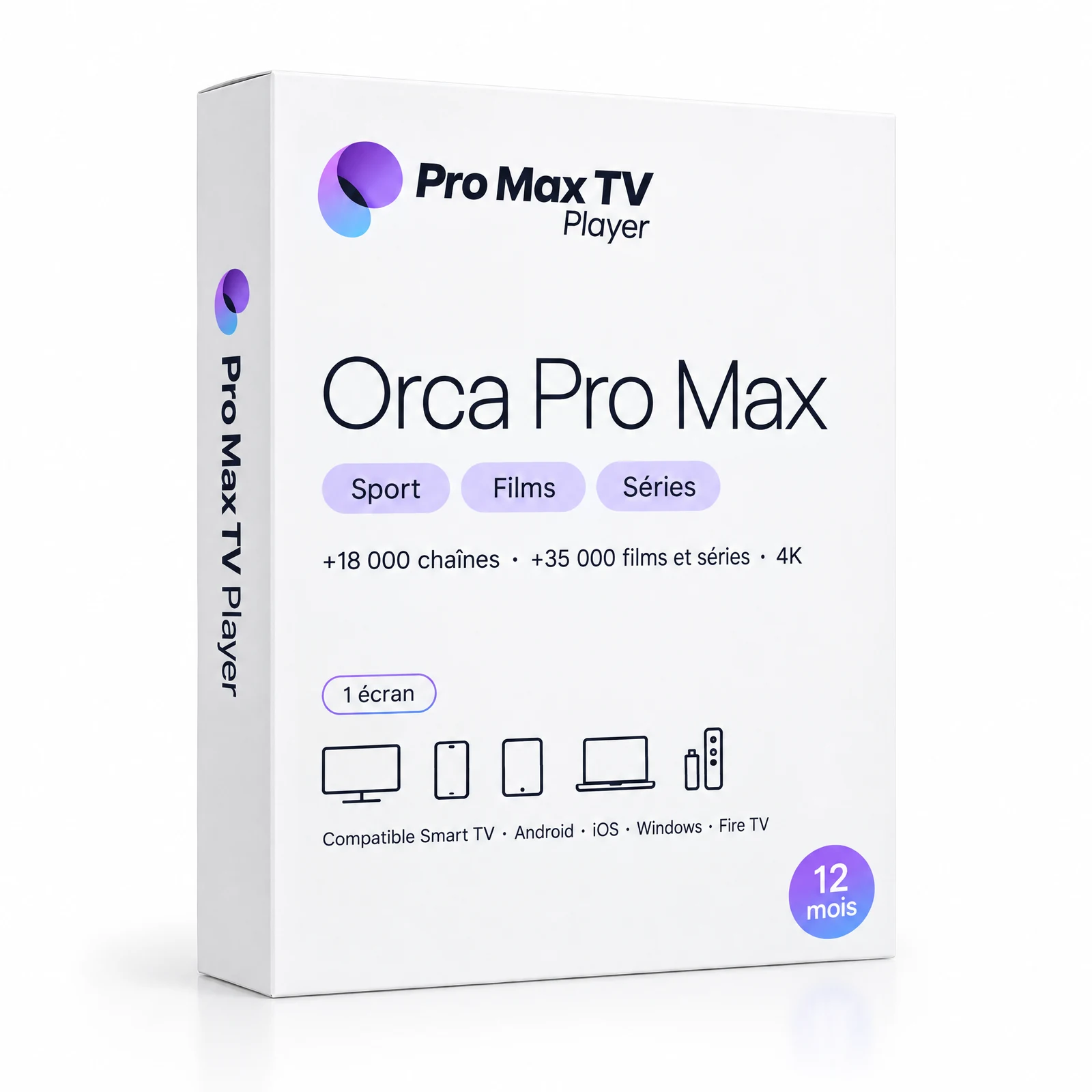 Orca Pro Max 1 écran : la boîte du logiciel avec le logo Orca Pro Max TV Player, les étiquettes Sport, Films et Séries et les appareils compatibles : Smart TV, Android, iOS, Windows et Fire TV