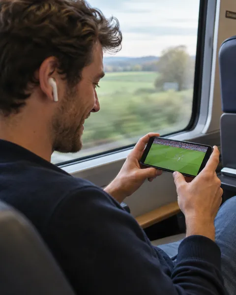 Un homme dans le train, écouteurs aux oreilles, sourit en regardant un match de foot sur son téléphone