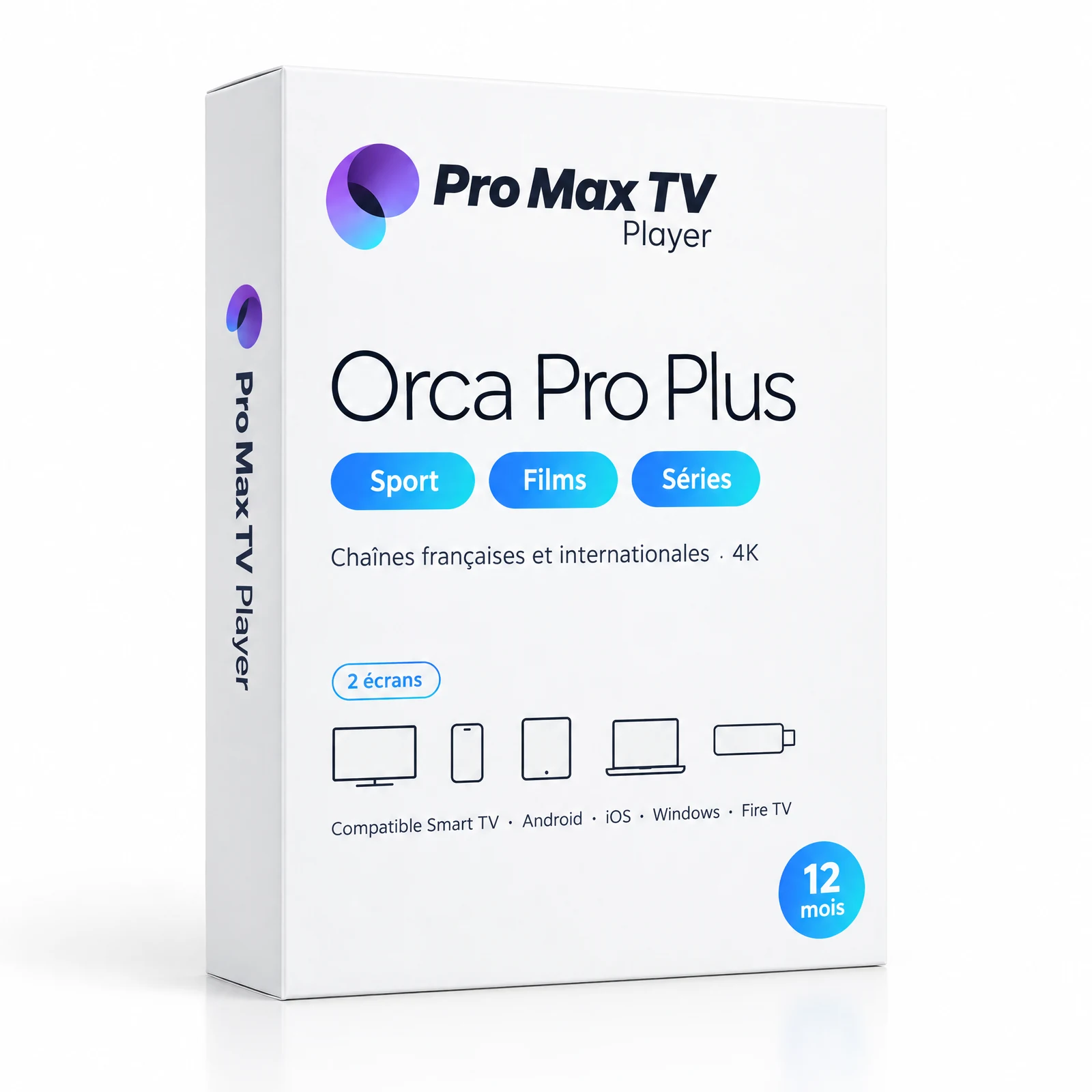 Orca Pro Plus 2 écrans : la boîte du logiciel avec le logo Orca Pro Max TV Player, les étiquettes Sport, Films et Séries et les appareils compatibles : Smart TV, Android, iOS, Windows et Fire TV