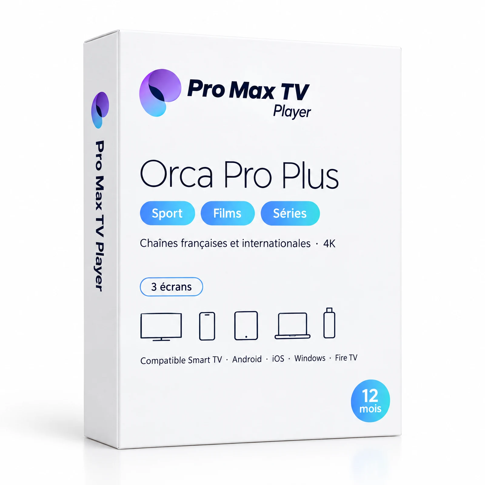 Orca Pro Plus 3 écrans : la boîte du logiciel avec le logo Orca Pro Max TV Player, les étiquettes Sport, Films et Séries et les appareils compatibles : Smart TV, Android, iOS, Windows et Fire TV