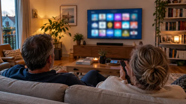 Orca IPTV Smart TV : un couple sur le canapé parcourt les applications de sa Smart TV avec la télécommande