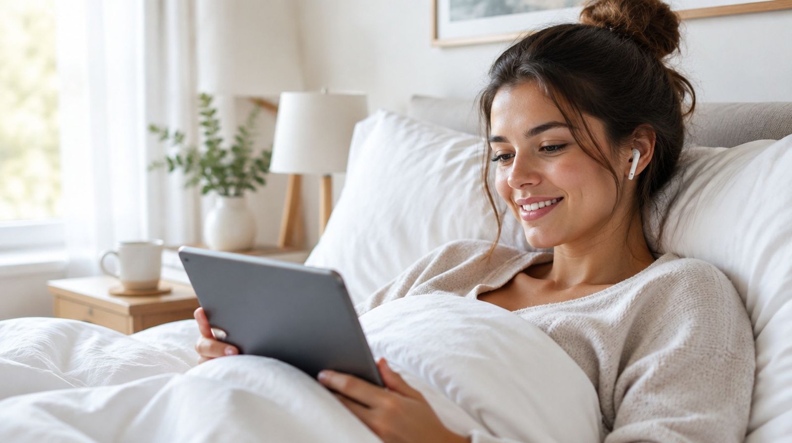 Une jeune femme dans son lit qui regarde une série sur sa tablette avec des écouteurs