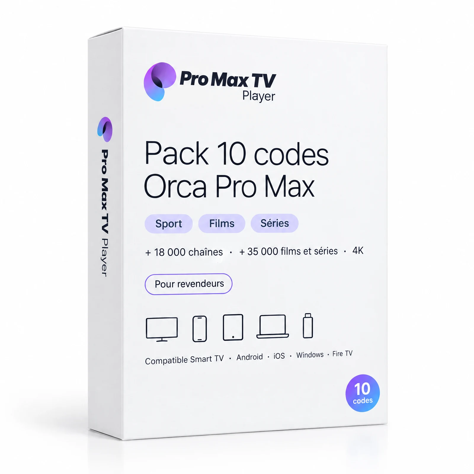 Pack 10 codes Orca Pro Max : la boîte du logiciel avec le logo Orca Pro Max TV Player, les étiquettes Sport, Films et Séries et les appareils compatibles : Smart TV, Android, iOS, Windows et Fire TV